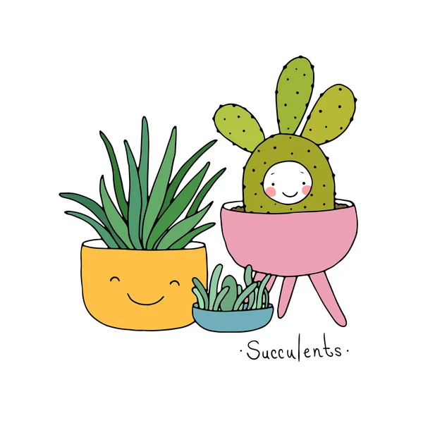 De schattige vetplanten cartoon in pot. — Stockvector