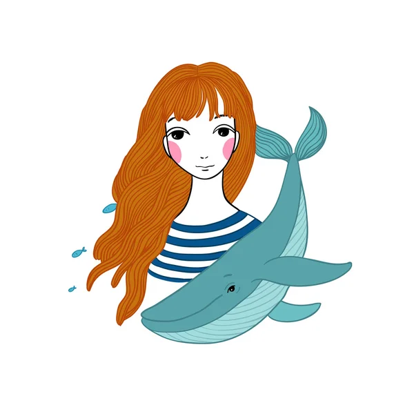 Beautiful young girl sailor with a whale and star in her hair. — Stock Vector