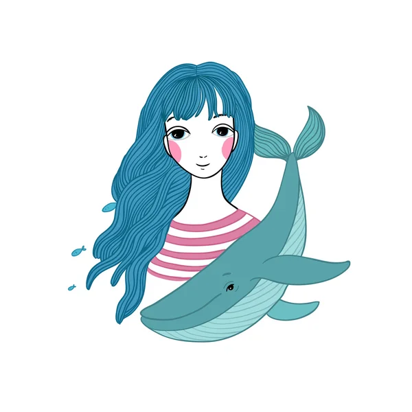 Όμορφη νεαρή κοπέλα ναύτης με μια φάλαινα και αστέρι στα μαλλιά της. — Διανυσματικό Αρχείο