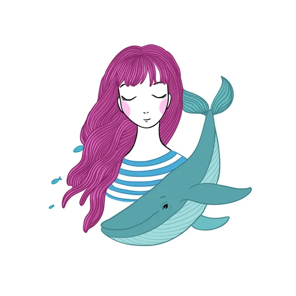 Marinheiro menina bonita com uma baleia e estrela em seu cabelo . —  Vetores de Stock