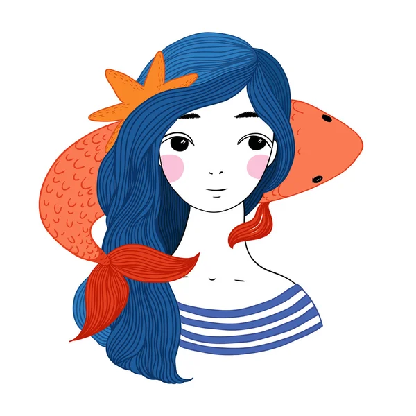 Hermosa joven marinera y la carpa japonesa . — Vector de stock