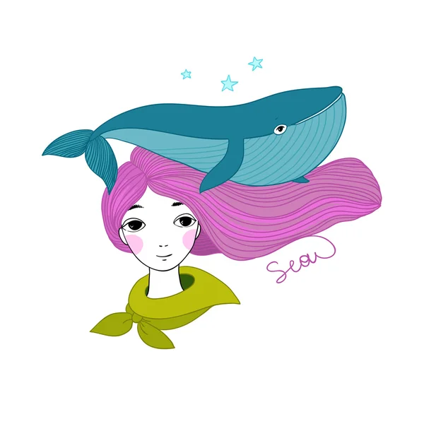 Hermosa joven marinera con una ballena y estrella en su pelo . — Vector de stock