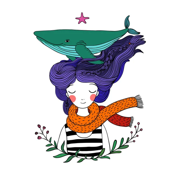 Красивая молодая девушка-моряк с китом в волосах. Морские животные. Ручной рисунок изолированных объектов на белом фоне. Векторная иллюстрация. Раскраска — стоковый вектор