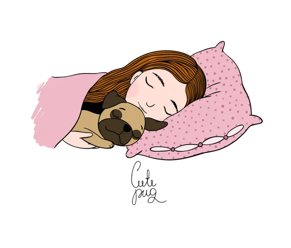 Slapen mooie jonge meisje en een schattig pug. — Stockvector