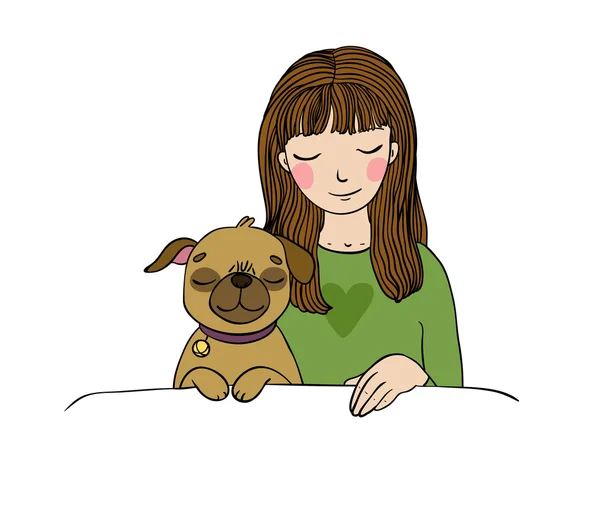 Hermosa joven y un lindo pug . — Vector de stock