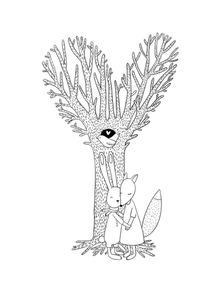 Bela árvore mágica, dois pássaros em um oco, lebre e raposa . —  Vetores de Stock