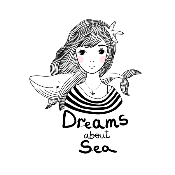 Beautiful young girl sailor with a whale and star in her hair. Stock Illustration