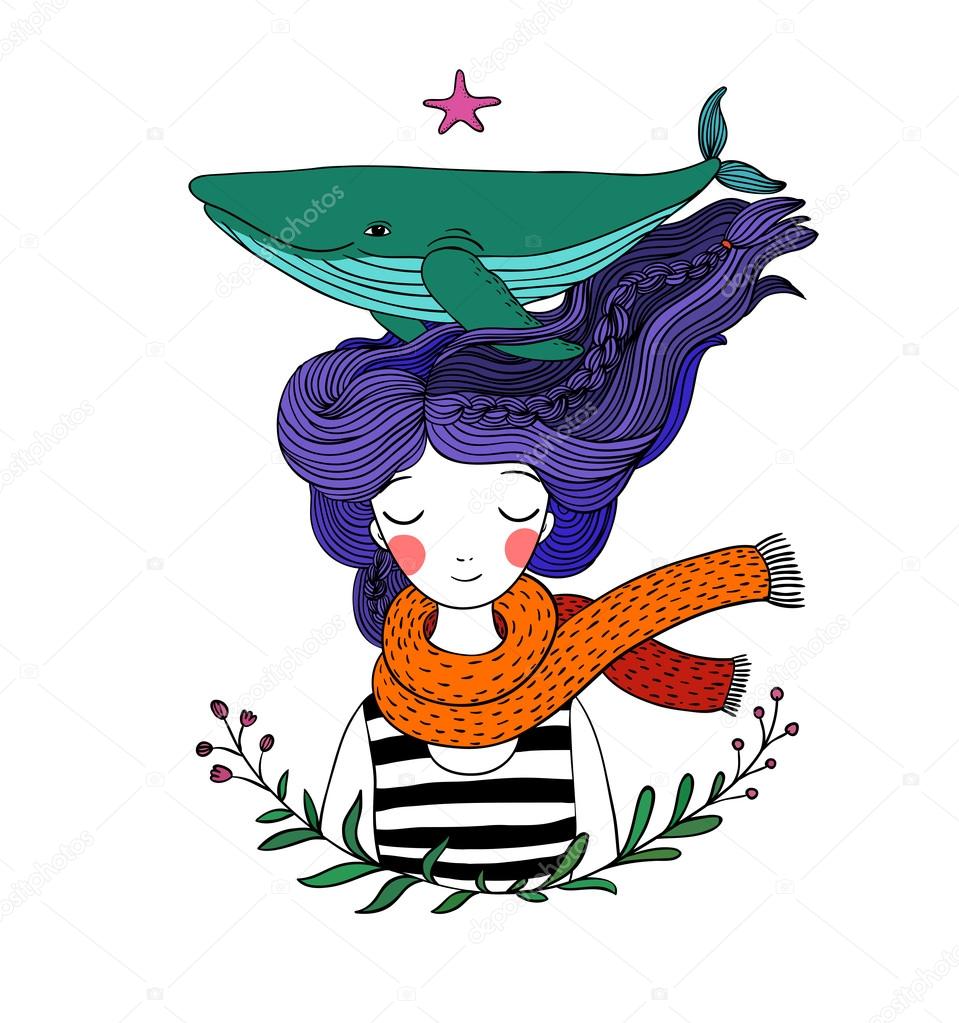 Beautiful young girl sailor with a whale in her hair. Sea animals. Hand drawing isolated objects on white background. Vector illustration. Coloring book