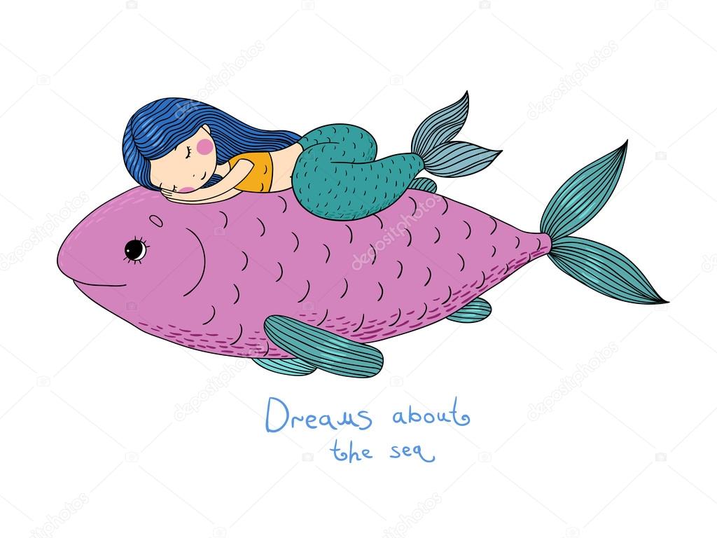 Beautiful little mermaid and big fish.