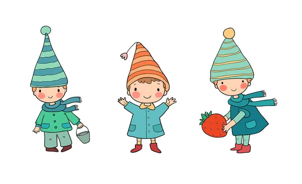 Lindos gnomos de dibujos animados. Los elfos del bosque. Pequeñas hadas — Vector de stock