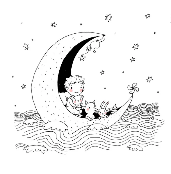 Menino e seus brinquedos estão flutuando na lua no mar. Um conto de fadas sobre um bebê bonito e seus amigos. Desenho à mão objetos isolados no fundo branco. — Vetor de Stock