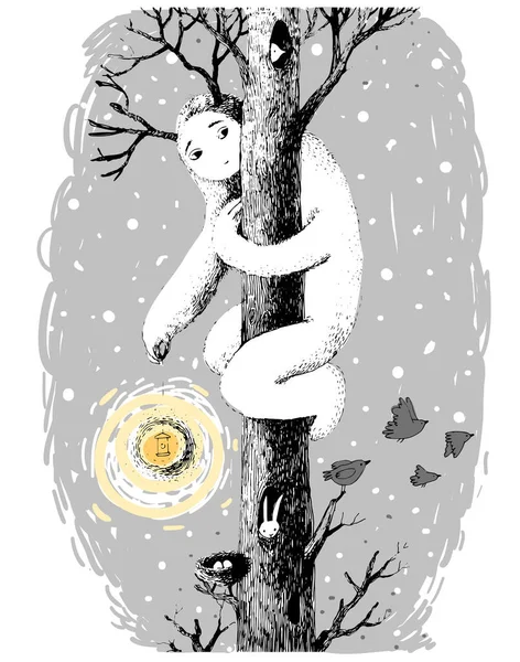 Монстр с фонарем на дереве в лесу. Милый мультяшный йети. — стоковый вектор