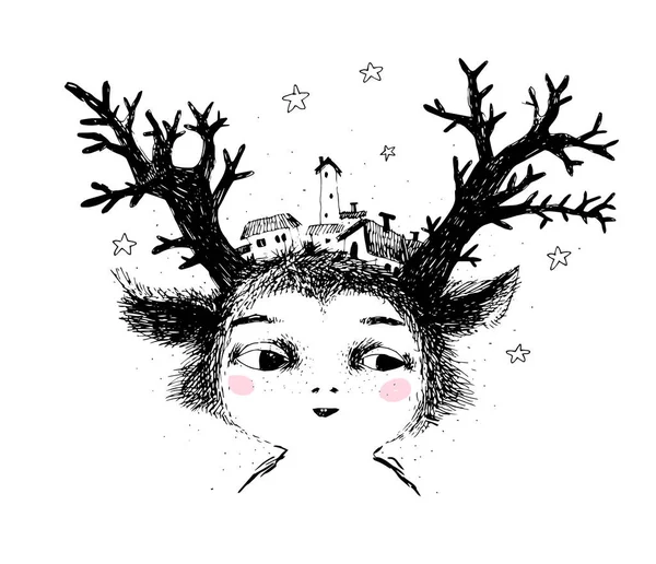 Un conte de fées sur un cerf de bande dessinée mignon. Yeti avec un arbre et des cornes sur la tête. — Image vectorielle