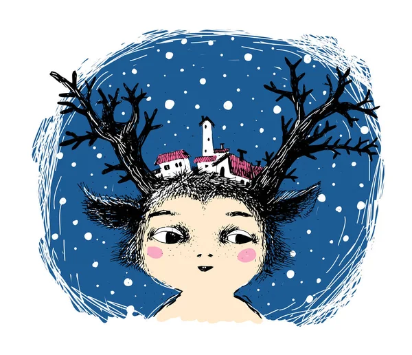 Un conte de fées sur un cerf de bande dessinée mignon. Yeti avec un arbre et des cornes sur la tête. — Image vectorielle