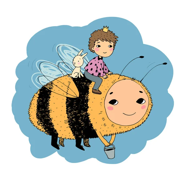 Pequeno príncipe menino voando em uma abelha — Vetor de Stock