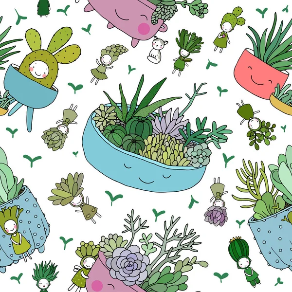 Patroon met leuke cartoon succulents. cactus en aloë in potten. Kleine elfen en elfjes. — Stockvector