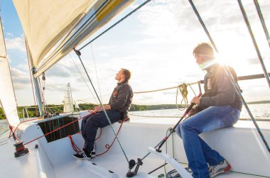 Moscow , August 30 : Team athletes participating in the sailing competition - match race , held in Moscow on Pirogov Reservoir August 30, 2015