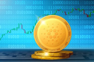 Cardano kripto para birimi; haritanın arka planında Cardano ADA altın sikkesi. 3d illüstrasyon