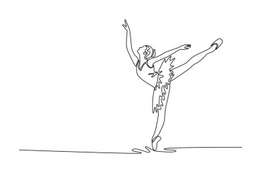 Sürekli bir çizgi, bir ayağı üzerinde dengede duran bir balerin çiziyor bacağı ve kolları açık, zarif ve teknik olarak arabesk istiyor. Tek çizgi çizimi tasarım vektörü grafik çizimi