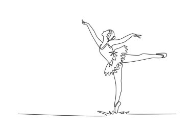 Continuous one line drawing beauty ballerina balancing on one foot en pointe with her leg extended behind her, arms raised, graceful arabesque pose. Single line draw design vector graphic illustration