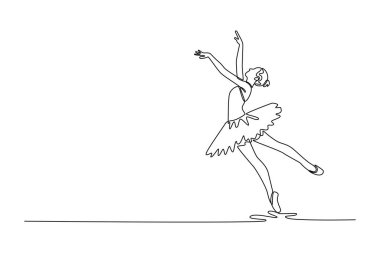 Tek bir çizgi, balerin dengesini çiziyor vücudunun zarifçe kavis çiziyor ve kollarını uzatıyor. Şık bir havada süzülme anı. Modern sürekli çizgi çizimi tasarım grafik vektör çizimi