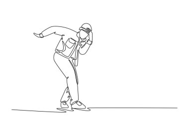 Continuous one line drawing young male mid-groove, leaning low with one hand cupped to their face, emotional pose typical Hip Hop or Popping dance. Single line draw design vector graphic illustration