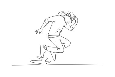 Continuous one line drawing Hip Hop dancer mid-leap, reaching for their hat in dramatic, airborne moment, illustrating dynamic and expressive pose. Single line draw design vector graphic illustration