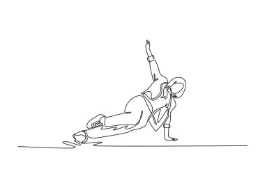 Continuous one line drawing young girl mid-floorwork, balancing on one hand and side their leg, with other arm raised, power move in breakdancing. Single line draw design vector graphic illustration