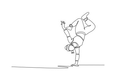 Single continuous line drawing girl mid-move, balanced on one hand and their head, with legs bent, challenging headstand or power move in breakdancing. One line draw graphic design vector illustration