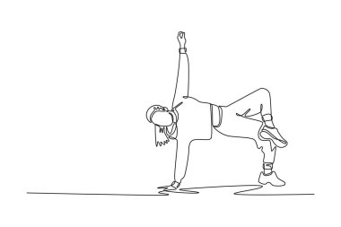 Single continuous line drawing young girl executing a demanding bridge or freeze move, balancing on one arm and one foot with other arm raised. Dynamic one line draw graphic design vector illustration