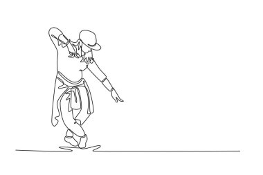 Single continuous line drawing stylish female mid-groove, leaning back with one leg bent. Dynamic, expressive pose typical of Hip Hop or Street Dance. One line draw graphic design vector illustration