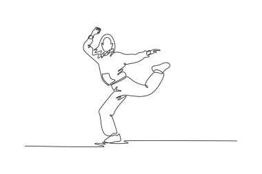 Tek sıra halinde dans eden kadın dansçı bir ayağının üzerinde dengede duruyor, diğer bacağı tekmeliyor ve kolları havada, yüksek enerjili Hip Hop pozu veriyor. Bir çizgi çizimi grafik tasarım vektör çizimi