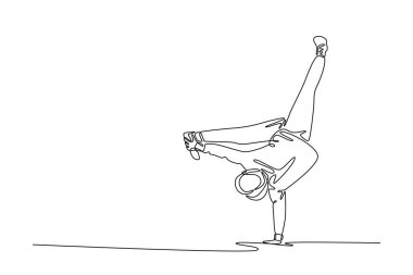 Single one line drawing person executing demanding one-handed handstand or freeze move, with one leg extended vertically. Strength and balance. Continuous line draw design graphic vector illustration