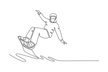Continuous one line drawing male wearing helmet and goggles is snowboarding, carving sharp turn while leaning deeply. Fluid motion of extreme sport. Single line draw design vector graphic illustration