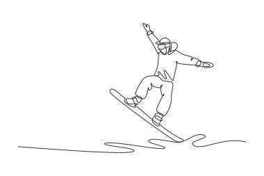Single one line drawing snowboarder carving sharp turn or performing trick with arms extended for balance, dynamic flow of extreme sport. Modern continuous line draw design graphic vector illustration
