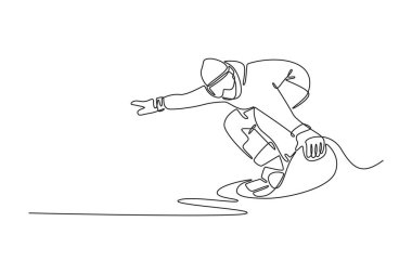 Continuous one line drawing young male wearing goggles is snowboarding, leaning low into deep toe-side turn, extending a hand to snow for balance. Single line draw design vector graphic illustration