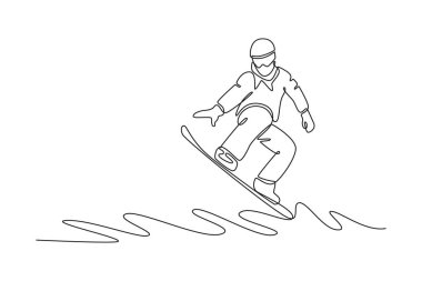 Single one line drawing snowboarder carving turn with low, crouched posture and wide arms for balance, dynamic flow of the winter sport. Modern continuous line draw design graphic vector illustration