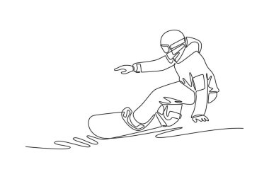 Single one line drawing person wearing goggles and hoodie is snowboarding, carving deep, low turn with one hand reaching out, dynamic balance. Continuous line draw design graphic vector illustration