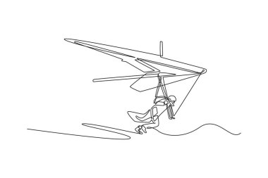 Tek sıra halinde uçan kadın yelken kanat sporcusu, havada süzülüyor ve yüksekten uçuyor. Akışkan hareket ve aşırı sporun dinamik özgürlüğü. Modern sürekli çizgi çizimi tasarım grafik vektör çizimi