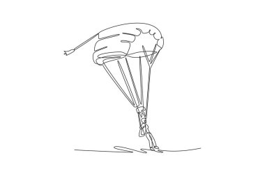 Devamlı bir çizgi çizen kişi yamaç paraşütünün altında asılı, inişe hazırlanıyor. Ekstrem sporların hava yoluyla yayılan özgürlüğü. Tek çizgi çizimi tasarım vektörü grafik çizimi