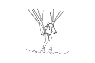 Tek sıra halinde, sportif kadın paraşütle atlıyor, kalkış ya da iniş için hazırlanıyor, görünmeyen bir paraşütten gelen çizgilerle destekleniyor. Dinamik bir çizgi çizer grafik tasarım vektörü çizer