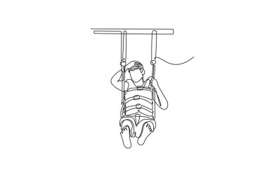 Tek sıra halinde genç bir adam paraşütle atlıyor, havada asılı duruyor, koşum takımını sıkı sıkı tutuyor, heyecan verici ve uçarak yayılan aşırı spor özgürlüğünü elinde tutuyor. Bir çizgi çizimi grafik tasarım vektör çizimi