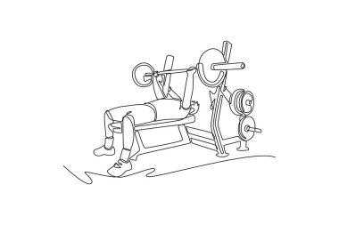 Tek sıra halinde çekilen genç adam ağırlık sırasının üzerinde ağırlık kaldırarak ağırlık, odaklanma ve yoğun antrenman gösteriyor. Bir çizgi çizimi grafik tasarım vektör çizimi