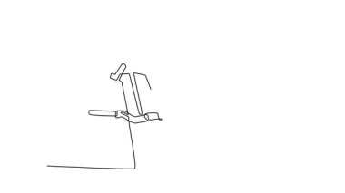 Tek çizgili animasyon, genç bir adam spor makinesine oturmuş omuz presi yapıyor, vücudunun üst kısmına odaklanmış ve disiplinli spor yapıyor. Devamlı bir çizgi. Tam uzunluk canlandırması