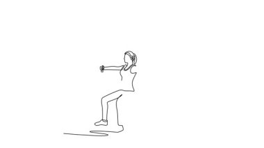 Kendi kendine çizim yapan bir kadın spor makinesinde göğüs sineği egzersizi yapıyor, üst vücut gücüne odaklanıyor ve disiplinli fitness egzersizi yapıyor. Devamlı bir çizgi. Tam uzunluk canlandırması