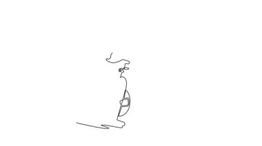 Sürekli çizim yapan güzel kadın hareketsiz bisiklete biniyor, gidona eğiliyor, kardiyo dayanıklılığı, dinamik spor salonu. Tam uzunluktaki bir çizgi canlandırması