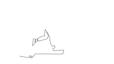 Sürekli çizilen çizgi hareketli genç adam yoğun bir şekilde koşu bandında, orta adımda ve odaklanmış, kardiyovasküler dayanıklılık, dinamik fitness eğitiminde koşuyor. Tam uzunluktaki tek çizgi canlandırması