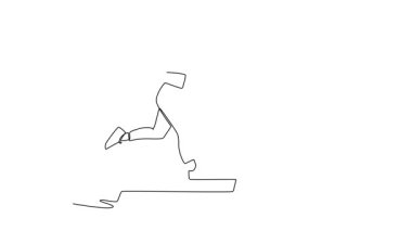 Sürekli çizim yapan güzel kadının animasyonu koşu bandında yoğun bir şekilde koşuyor, yüksek odaklı orta adım, kardiyo dayanıklılığı, dinamik fitness eğitimi. Tam uzunluktaki tek çizgi canlandırması