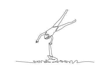 Tek sıra halinde iki aktif kadın dikey kaldırma yapıyor. Karmaşık denge ve sanatsal yüzmenin akıcı zarafeti. Modern sürekli çizgi çizimi tasarım grafik vektör çizimi