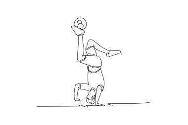 Devamlı bir çizgi çizen futbolcu serbest stil sporcusu ters dönmüş amuda kalkıp, topun dengesini sağlıyor. Dinamik akrobasi ve güç. Tek çizgi çizimi tasarım vektörü grafik çizimi